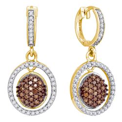 0.75 CTW Cognac-brown Color Diamond Oval Dangle Earrings 10KT Yellow Gold - REF-41Y9X