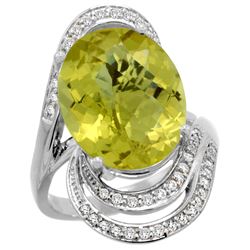Natural 11.2 ctw lemon-quartz & Diamond Engagement Ring 14K White Gold - REF-89R9Z