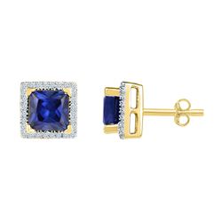 2 CTW Princess Created Blue Sapphire Stud Earrings 10KT Yellow Gold - REF-25N4F