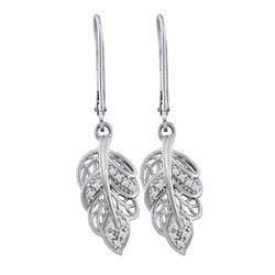 0.06 CTW Diamond Dangle Leaf Leaves Wire Earrings 10KT White Gold - REF-18N2F