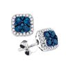 0.75 CTW Blue Sapphire Square Cluster Diamond Earrings 14KT White Gold - REF-71F9N