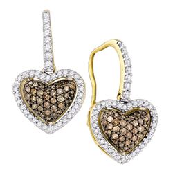 0.60 CTWCognac-brown Color Diamond Heart Dangle Earrings 10KT Yellow Gold - REF-37Y5X