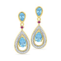 1.62 CTW Oval Created Blue Topaz Diamond Dangle Earrings 10KT Yellow Gold - REF-22F4N