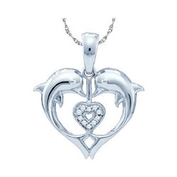 0.03 CTW Diamond Double Dolphin Heart Love Pendant 10KT White Gold - REF-10N5F