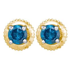 1 CTW Blue Color Diamond Solitaire Stud Earrings 10KT Yellow Gold - REF-63X2Y