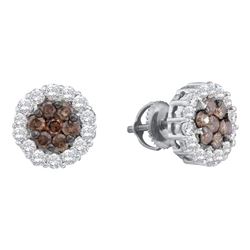 0.75 CTW Cognac-brown Color Diamond Flower Screwback Earrings 14KT White Gold - REF-49F5N