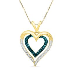 0.25 CTW Blue Color Diamond Nested Double Heart Pendant 10KT Yellow Gold - REF-22M4H