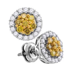 1 CTW Yellow Diamond Cluster Screwback Earrings 10KT White Gold - REF-67N4F