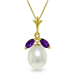 Genuine 4.5 ctw Pearl & Amethyst Necklace Jewelry 14KT Yellow Gold - REF-24P3H