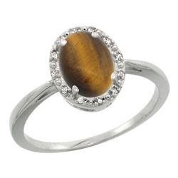 Natural 1.08 ctw Tiger-eye & Diamond Engagement Ring 14K White Gold - REF-25A6V