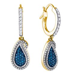 0.48 CTW Blue Color Diamond Teardrop Cluster Dangle Earrings 10KT Yellow Gold - REF-37N5F
