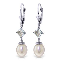 Genuine 9.5 ctw Pearl & Aquamarine Earrings Jewelry 14KT White Gold - REF-27Y4F