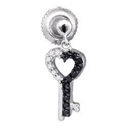 0.15 CTW Black Color Diamond Key Heart Dangle Earrings 10KT White Gold - REF-14F9N