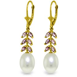 Genuine 9.2 ctw Pearl & Amethyst Earrings Jewelry 14KT Yellow Gold - REF-45K8V