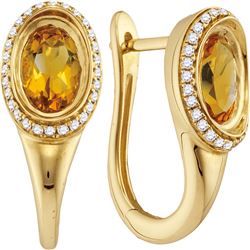 1.57 CTW Oval Natural Citrine Diamond Hoop Earrings 14KT Yellow Gold - REF-87N2F