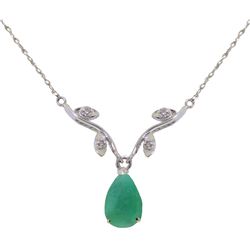 Genuine 1.02 ctw Emerald & Diamond Necklace Jewelry 14KT White Gold - REF-37H2X