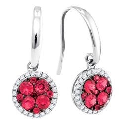 0.93 CTW Ruby Cluster Circle Diamond Dangle Earrings 14KT White Gold - REF-75K2W