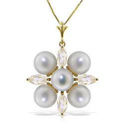 Genuine 6.3 ctw White Topaz & Pearl Necklace Jewelry 14KT Yellow Gold - REF-59W2Y