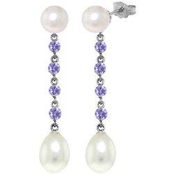 Genuine 11 ctw Pearl & Tanzanite Earrings Jewelry 14KT White Gold - REF-34F3Z