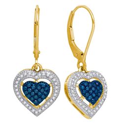 0.40 CTW Blue Color Diamond Heart Dangle Earrings 10KT Yellow Gold - REF-36X2Y