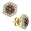 Image 1 : 0.90 CTWCognac-brown Color Diamond Hexagon Flower Earrings 10KT Yellow Gold - REF-41H9M