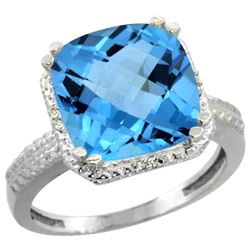 Natural 5.96 ctw Swiss-blue-topaz & Diamond Engagement Ring 14K White Gold - REF-42R3Z