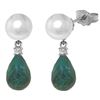 Genuine 8.7 ctw Pearl, Green Sapphire Corundum & Diamond Earrings Jewelry 14KT White Gold - REF-27X6