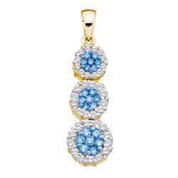 0.94 CTW Blue Color Diamond Triple Flower Cluster Pendant 14KT Yellow Gold - REF-59N9F