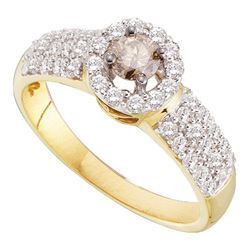 0.75 CTW Cognac-brown Color Diamond Solitaire Halo Bridal Ring 14KT Yellow Gold - REF-82N4F