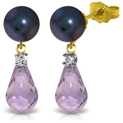 Genuine 6.6 ctw Black Pearl, Amethyst & Diamond Earrings Jewelry 14KT Yellow Gold - REF-27F6Z