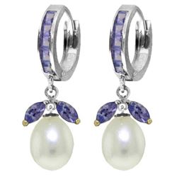 Genuine 10.30 ctw Tanzanite & Pearl Earrings Jewelry 14KT White Gold - REF-71N3R