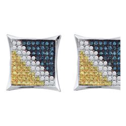 0.05 CTW Mens Blue Yellow Color Diamond Square Kite Earrings 10KT White Gold - REF-6K6W