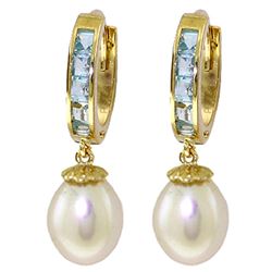 Genuine 9.3 ctw Aquamarine & Pearl Earrings Jewelry 14KT Yellow Gold - REF-45W7Y