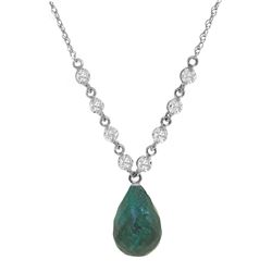 Genuine 15.6 ctw Green Sapphire Corundum & Diamond Necklace Jewelry 14KT White Gold - REF-139F8Z