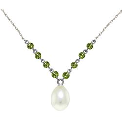 Genuine 5 ctw Pearl & Peridot Necklace Jewelry 14KT White Gold - REF-25W4Y