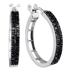 0.55 CTW Black Color Diamond Hoop Earrings 10KT White Gold - REF-30K2W