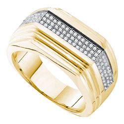 0.30 CTW Mens Pave-set Diamond Ridged Flat Ring 10KT Yellow Gold - REF-63K2W