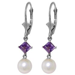 Genuine 5 ctw Pearl & Amethyst Earrings Jewelry 14KT White Gold - REF-29M7T