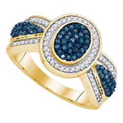 0.50 CTW Blue Color Diamond Oval Cluster Ring 10KT Yellow Gold - REF-37H5M