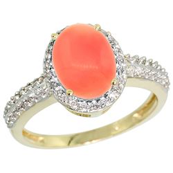 Natural 2.15 ctw Coral & Diamond Engagement Ring 10K Yellow Gold - REF-30X2A