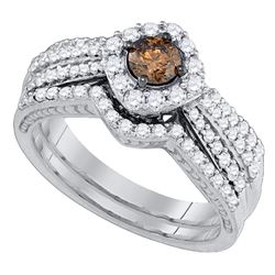 1.15 CTW Cognac-brown Diamond Halo Bridal Ring 14KT White Gold - REF-127H4M