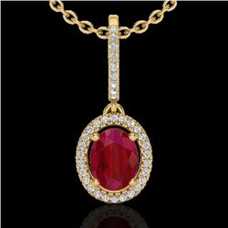 2 CTW Ruby & Micro Pave VS/SI Diamond Necklace Solitaire Halo 18K Yellow Gold - REF-64Y2K - 20668