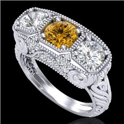 2.51 CTW Intense Fancy Yellow Diamond Art Deco 3 Stone Ring 18K White Gold - REF-345A5X - 37721