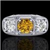 Image 2 : 2.51 CTW Intense Fancy Yellow Diamond Art Deco 3 Stone Ring 18K White Gold - REF-345A5X - 37721