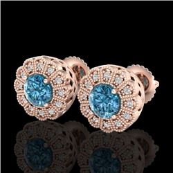 1.32 CTW Fancy Intense Blue Diamond Art Deco Stud Earrings 18K Rose Gold - REF-218T2M - 37839