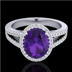 3 CTW Amethyst & Micro VS/SI Diamond Halo Solitaire Ring 18K White Gold - REF-67H6A - 20927