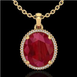 12 CTW Ruby & Micro Pave VS/SI Diamond Halo Necklace 18K Yellow Gold - REF-104H5A - 20615