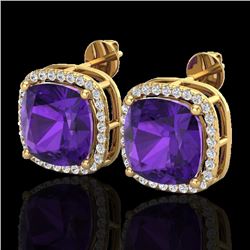 12 CTW Amethyst & Micro Pave Halo VS/SI Diamond Earrings 18K Yellow Gold - REF-88W2F - 23057