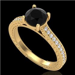 1.45 CTW Fancy Black Diamond Solitaire Engagement Art Deco Ring 18K Yellow Gold - REF-109H3A - 37753