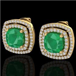 4.95 CTW Emerald & Micro Pave VS/SI Diamond Halo Earrings 18K Yellow Gold - REF-116F4N - 20163